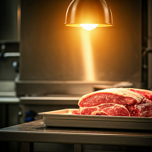 Fresh pork cuts under a warming butcher lamp