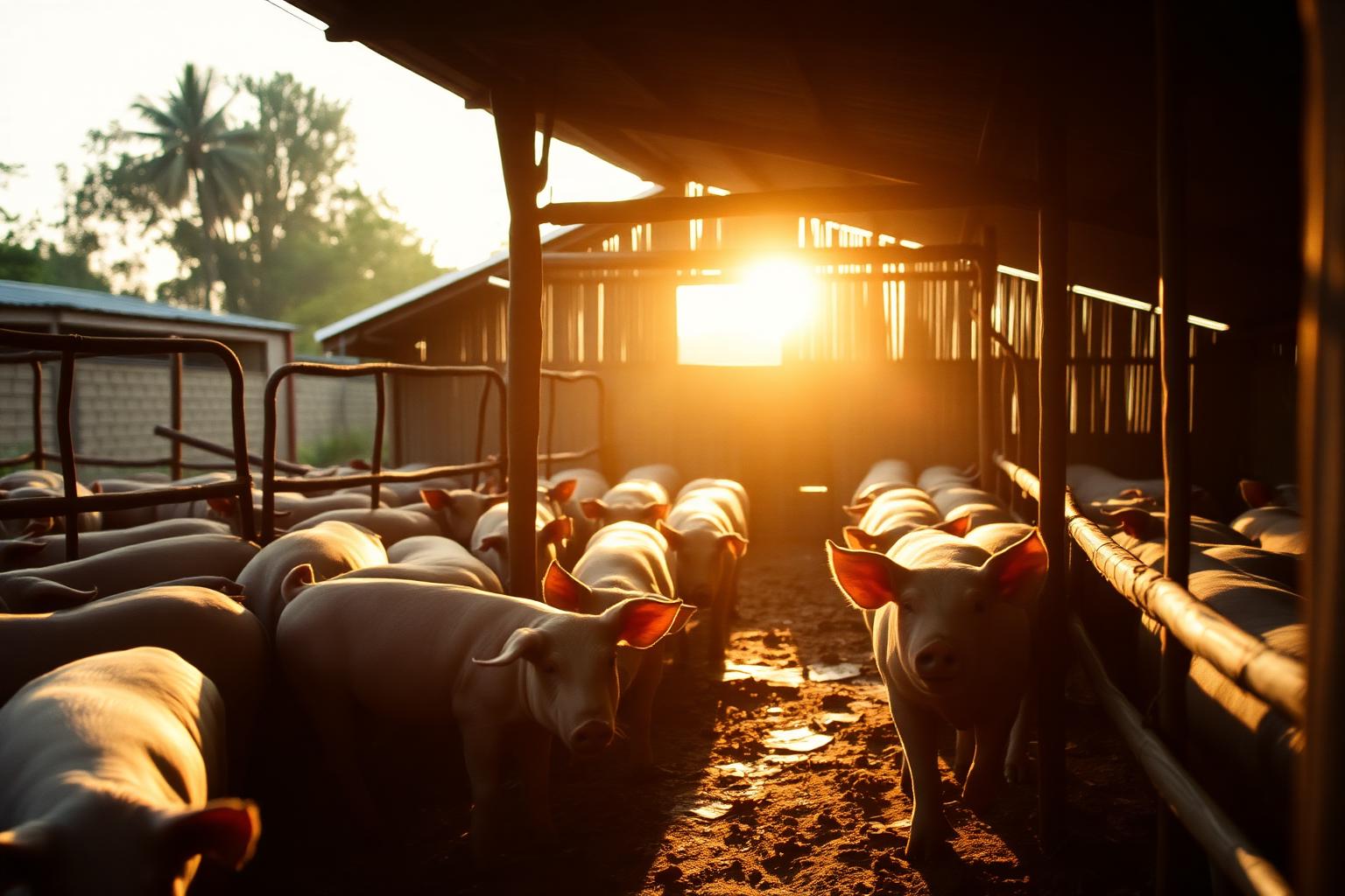 Rural Ghanaian pig farm at golden hour